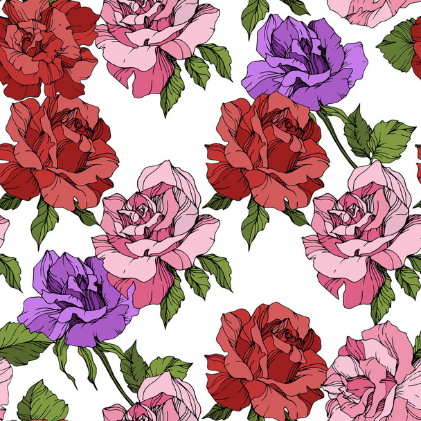 Pink, red and purple roses. Engraved ink art. Seamless background pattern. Fabric wallpaper print texture on white background. - Vector, Image