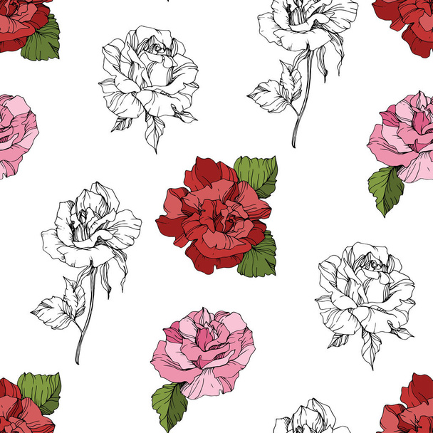 Pink and red roses. Engraved ink art. Seamless background pattern. Fabric wallpaper print texture on white background. - Vector, Image
