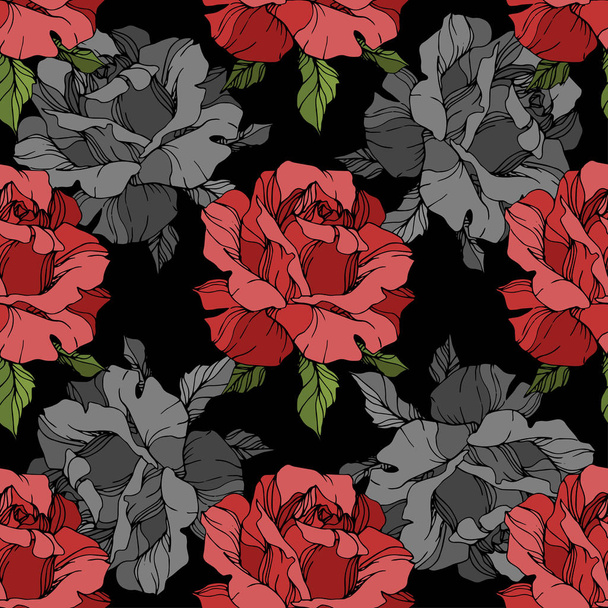 Grey and red roses. Engraved ink art. Seamless background pattern. Fabric wallpaper print texture on black background. - Vector, Image