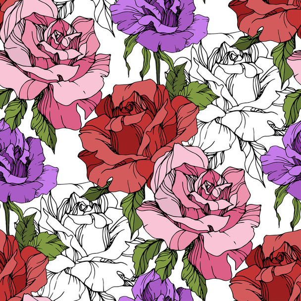 Pink, red and purple roses. Engraved ink art. Seamless background pattern. Fabric wallpaper print texture on white background. - Vector, imagen