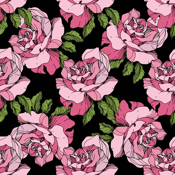 Pink roses. Engraved ink art. Seamless background pattern. Fabric wallpaper print texture on black background. - Vector, Image