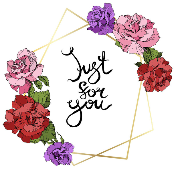 Vector. Rose flowers and golden crystal frame. Pink, red and purple engraved ink art. Geometric crystal polyhedron shape on white background. Just for you inscription - Vector, Image