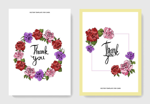 Beautiful rose flowers on cards. Wedding cards with floral decorative borders. Thank you, rsvp, invitation elegant cards illustration graphic set. Engraved ink art. - Vector, Image