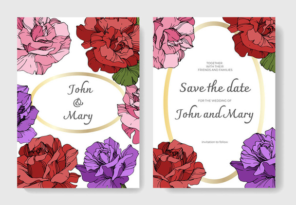 Όμορφο τριαντάφυλλο λουλούδια στις κάρτες. Κάρτες γάμου με floral διακοσμητικά περιγράμματα. Σας ευχαριστώ, rsvp, κομψό κάρτες πρόσκληση Εικονογράφηση γραφικών set. Χαραγμένο μελάνι τέχνης. - Διάνυσμα, εικόνα