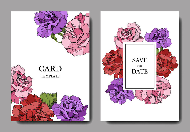 Beautiful rose flowers on cards. Wedding cards with floral decorative borders. Thank you, rsvp, invitation elegant cards illustration graphic set. Engraved ink art. - Vector, Image