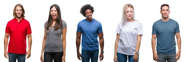 アフリカ系アメリカ人、ヒスパニック系とセクシーな表情、明るく、幸せな顔でカメラを見てウィンクしている分離の白い背景の上の人々 の白人グループの構成. - 写真・画像