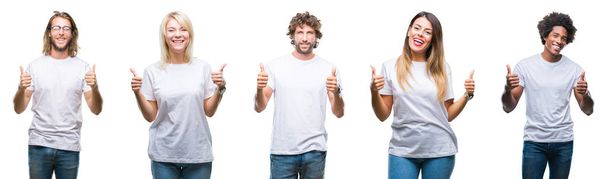 Collage of group of people wearing casual white t-shirt over isolated background success sign doing positive gesture with hand, thumbs up smiling and happy. Looking at the camera with cheerful expression, winner gesture. - Photo, Image