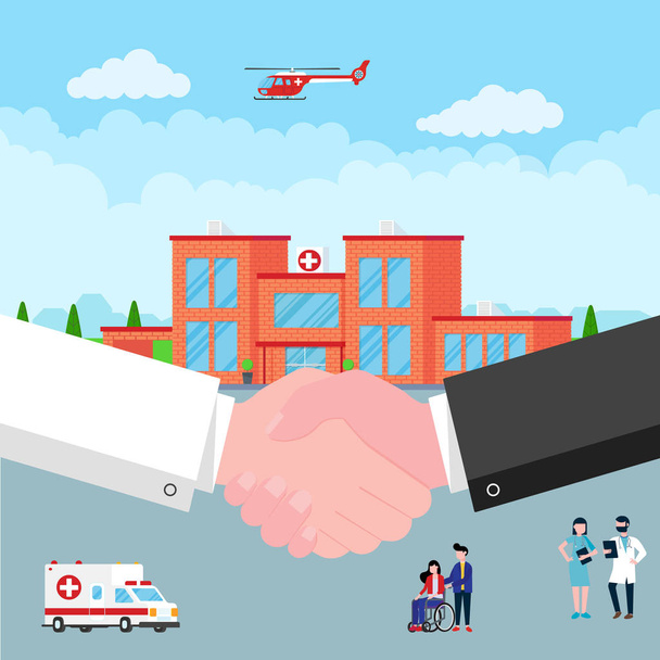 Handshake between doctor and patient behind hospital building,  doctor, nurse, patients, helicopter and ambulance car in flat style. Hospital building, doctors, nurses, woman in wheelchair. - Vector, Image