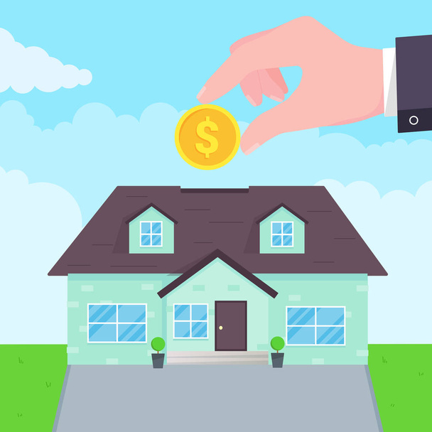 Hand puts coin in the house flat style design vector illustration. Piggy bank buying house concept. House bank safe,  investment or loan, real estate symbol icon sign. Green grass and clouds behind. - Vector, Image