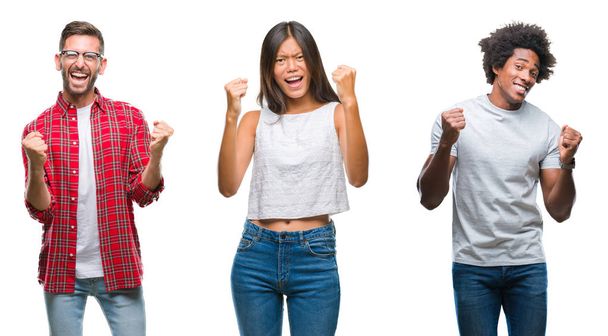 Collage de grupo de chinos, afroamericanos, hispanos sobre un fondo aislado muy feliz y emocionado haciendo gesto ganador con los brazos levantados, sonriendo y gritando por el éxito. Concepto de celebración
. - Foto, imagen