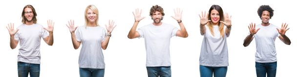 Колаж групи людей в повсякденній білій футболці над ізольованим тлом, що показує і вказує пальцями номером десять, посміхаючись впевнено і щасливо
. - Фото, зображення