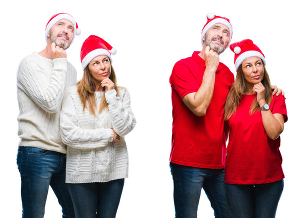 Collage eines reiferen Paares mittleren Alters, das Weihnachtsmütze über weißem, isoliertem Hintergrund trägt, mit der Hand am Kinn über Fragen nachdenkend, nachdenklichen Ausdruck. Lächeln mit nachdenklichem Gesicht. Zweifelhaftes Konzept. - Foto, Bild