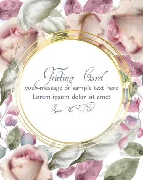 Greeting card with watercolor flowers background Vector. Golden abstract round shape frame. Invitation card, wedding ceremony, delicate postcard, Women day greeting card. Beautiful colors bouquets - Vector, Image