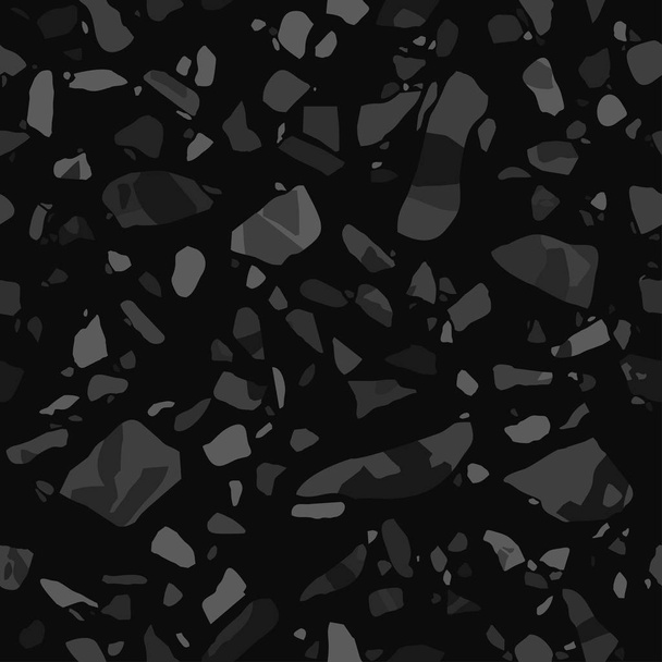 Terrazzo Boden Vektor nahtlose Muster in schwarzen Farben. Struktur des Mosaikbodens mit Natursteinen, Granit, Marmor, Kalkstein, Beton.  - Vektor, Bild