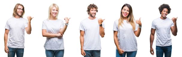 Collage de grupo de personas que usan una camiseta blanca casual sobre un fondo aislado sonriendo con la cara feliz mirando y apuntando hacia un lado con el pulgar hacia arriba
. - Foto, Imagen
