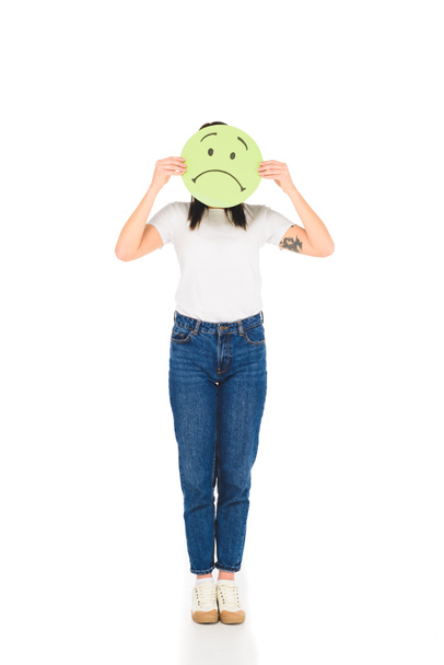 vrouw met teken met ongelukkig gezicht expressie geïsoleerd op wit - Foto, afbeelding