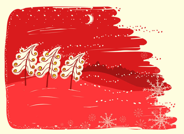 Czerwone kartki świąteczne z drzew na tle śniegu krajobraz. Boże Narodzenie ilustracja wektorowa - Wektor, obraz