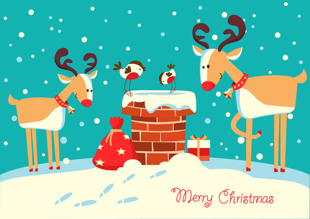 Weihnachtskarte mit Hirschen und Gimpeln, die auf dem Schornstein sitzen und sich Weihnachtsmänner und Geschenke ansehen - Vektor, Bild