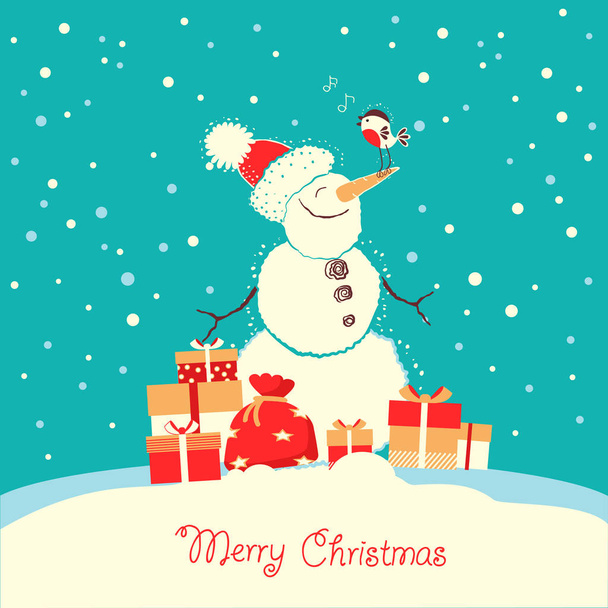 Merry Christmas card met sneeuwpop en Goudvink zangvogels winterdag. - Vector, afbeelding
