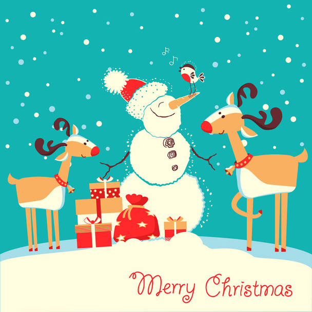 Merry Christmas card z jelenie i słuchanie muzyki w zimowy dzień bałwana - Wektor, obraz
