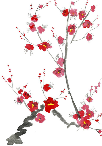 A branch of a blossoming tree. Pink and red stylized flowers of plum mei, wild apricots and sakura . Watercolor and ink illustration in style sumi-e, u-sin. Oriental traditional painting.   - Foto, imagen