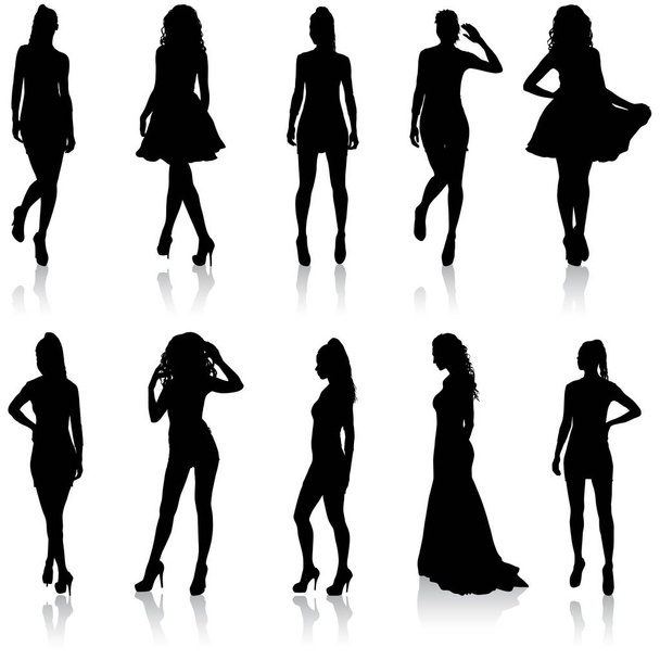 Set belle silhouette de fille de la mode sur un fond blanc - Vecteur, image