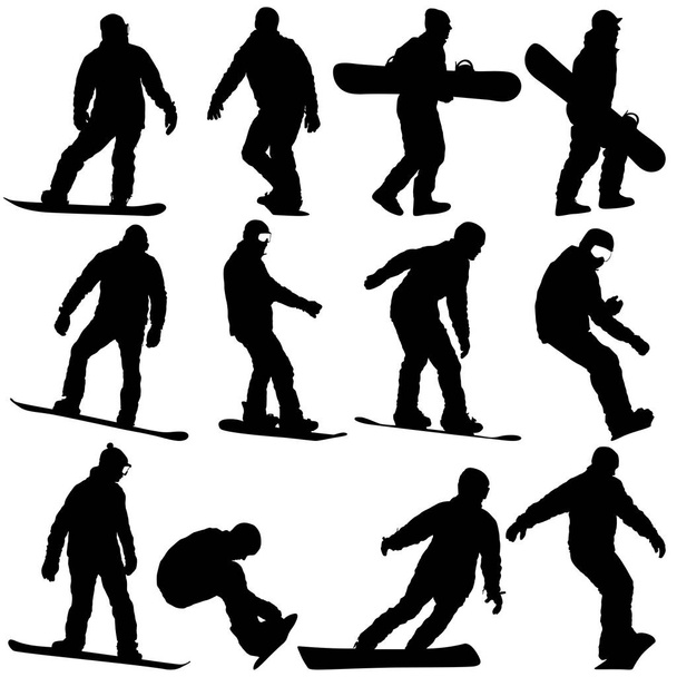 Установка черных силуэтов сноубордистов на белом фоне
 - Вектор,изображение
