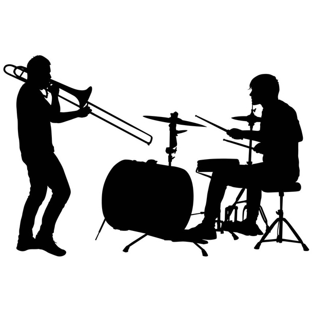 Silhouette of musician playing the trombone and drummer on a white background - Vector, Image