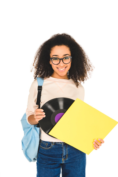 african american girl standing in glasses with vinyl record isolated on white  - Photo, Image