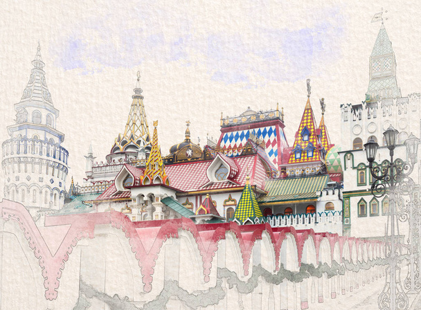 Τυποποιημένο από την ακουαρέλα σκίτσο ζωγραφική όμορφη θέα του Κρεμλίνου στο Izmailovo, Μόσχα, Ρωσία σε ανάγλυφο χαρτί. Ρετρό στυλ καρτ ποστάλ. - Φωτογραφία, εικόνα