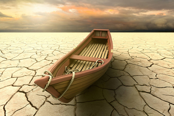 3D відображення концептуального представлення посухи з човном на сухому озері
 - Фото, зображення