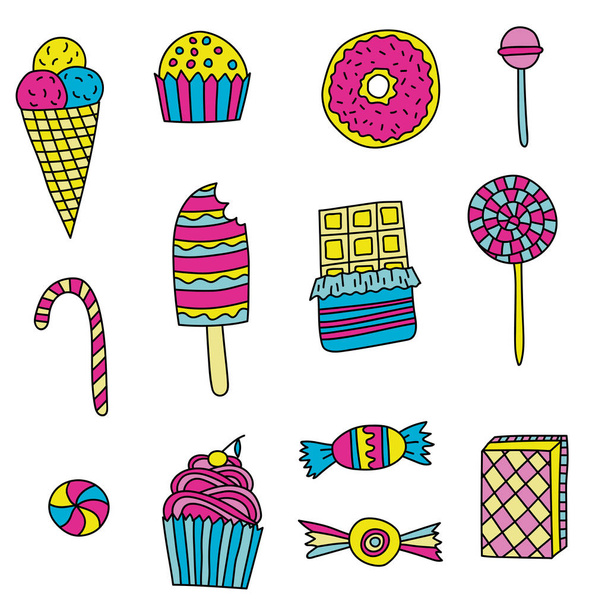 Set di caramelle e dolci in stile doodle
 - Vettoriali, immagini