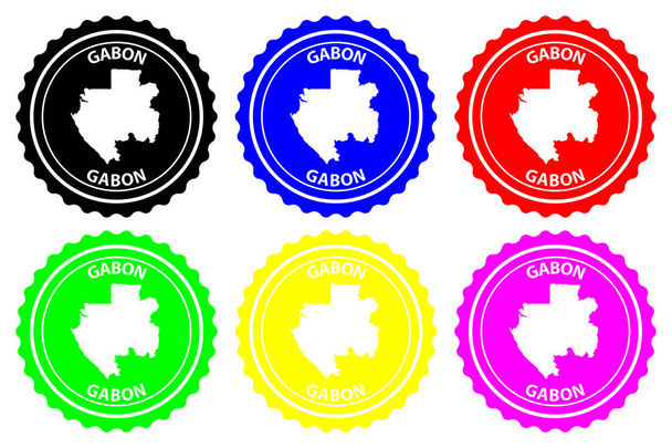 Gabão - carimbo de borracha - vetor, padrão de mapa da República Gabonesa - adesivo - preto, azul, verde, amarelo, roxo e vermelho
 - Vetor, Imagem