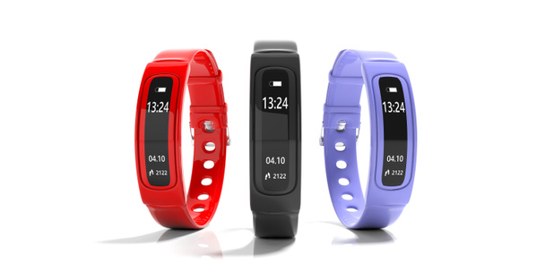Fitness e tecnologia, estilo de vida saudável. Rastreador de fitness, relógio inteligente, preto, vermelho e azul, isolado no fundo branco. ilustração 3d
 - Foto, Imagem