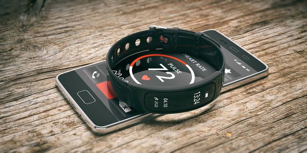 Фітнес і технології, здоровий спосіб життя. Фітнес-трекер, розумний годинник і мобільний телефон ізольовані на дерев'яному фоні. 3d ілюстрація
 - Фото, зображення