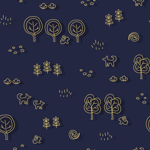 Seamless pattern with forest motifs - trees, bushes, flowers, branches, animals. Monochrome linear ornament. Great for prints, textiles, covers, gift wrappers, backdrops. - ベクター画像