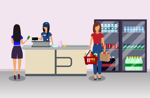 Supermarket cashier  and buyer pays purchase. Cash register desk. Cash  payment. Vector illustration - Vector, Image