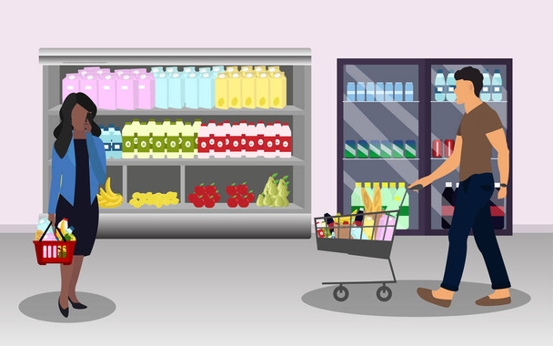 Compradores. Mujer con una canasta llena de comida, mercancías, comida, bebidas. Un hombre con un carro lleno de comida en el supermercado. Ilustración vectorial
 - Vector, Imagen