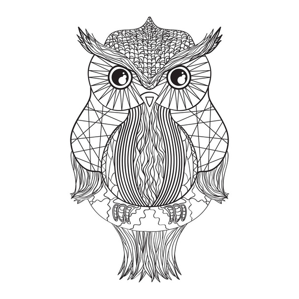 Owl on isolated white. Zentangle. Detailed hand drawn vintage bird with abstract patterns on isolation background. Design for spiritual relaxation for adults - Vector, Image