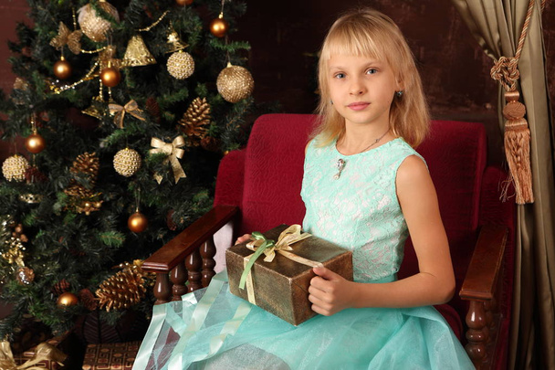 A girl near the Christmas tree holds a gift - Foto, afbeelding