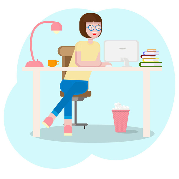 Concepto de espacio de trabajo. Diseñadora en el lugar de trabajo con una tableta gráfica. Mujer joven diseñador gráfico utilizando una tableta gráfica digital, ordenador y pluma. Empresaria sentada en el escritorio con computadora
. - Vector, imagen
