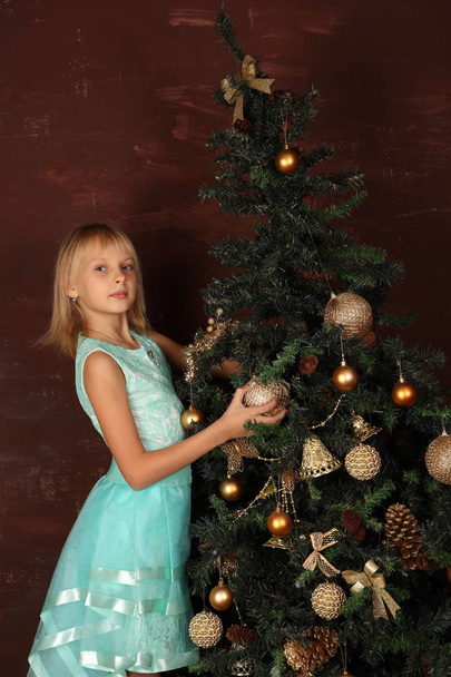 A girl in a beautiful dress near the New Year tree - Fotoğraf, Görsel