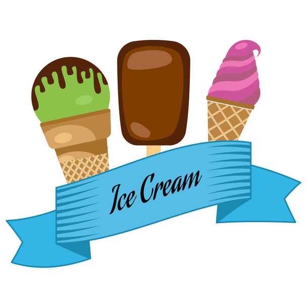 ブルーのリボンに包まれた 3 つの異なるアイスクリーム - ベクター画像