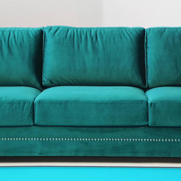 Blue Velvet Sofa Modern Furniture Cloe Up - 写真・画像
