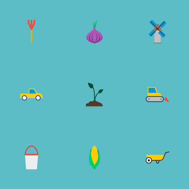 手押し車、トウモロコシ、ミル、web モバイル アプリのロゴ デザインの他のアイコンを持つ農業アイコン フラット スタイル シンボルのセット. - ベクター画像