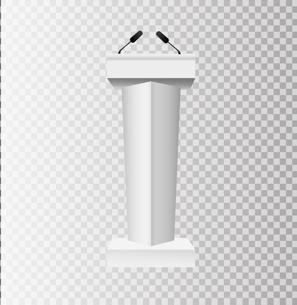 Fehér dobogó Tribune, Szónoki emelvény áll a mikrofon-ra átlátszó háttér - Vektor, kép