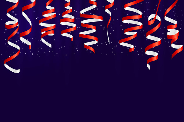 Heldere zilver serpentijn op diep blauwe achtergrond. Fextive achtergrond met krullend linten, decor elementen voor vakantie, Kerstdecoratie, feest, verjaardag, feestelijke carnaval, wenskaarten. - Vector, afbeelding