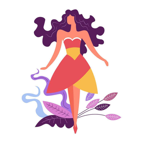 Fashion woman with foliage decor elements, vector - Vector, afbeelding