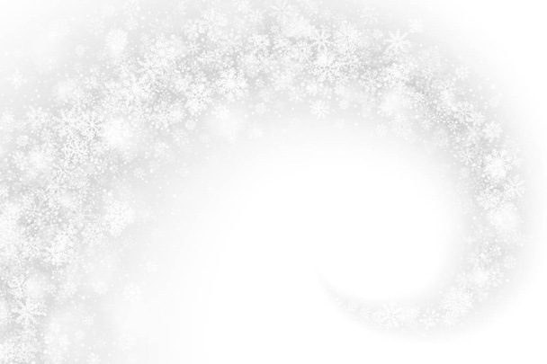 Vector Merry Christmas wervelende sneeuwvlokken en verlichting Effect Overlay op lichte zilveren achtergrond. Xmas en gelukkig nieuw jaar vakantie illustratie. Winter bevroren ijs 3D-achtergrond - Vector, afbeelding
