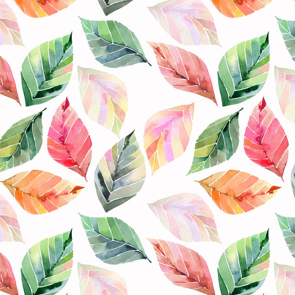 Beautiful lovely cute wonderful graphic bright floral herbal autumn orange green yellow leaves pattern watercolor hand sketch. Perfect for textile, wallpapers, wrapping paper - Foto, imagen